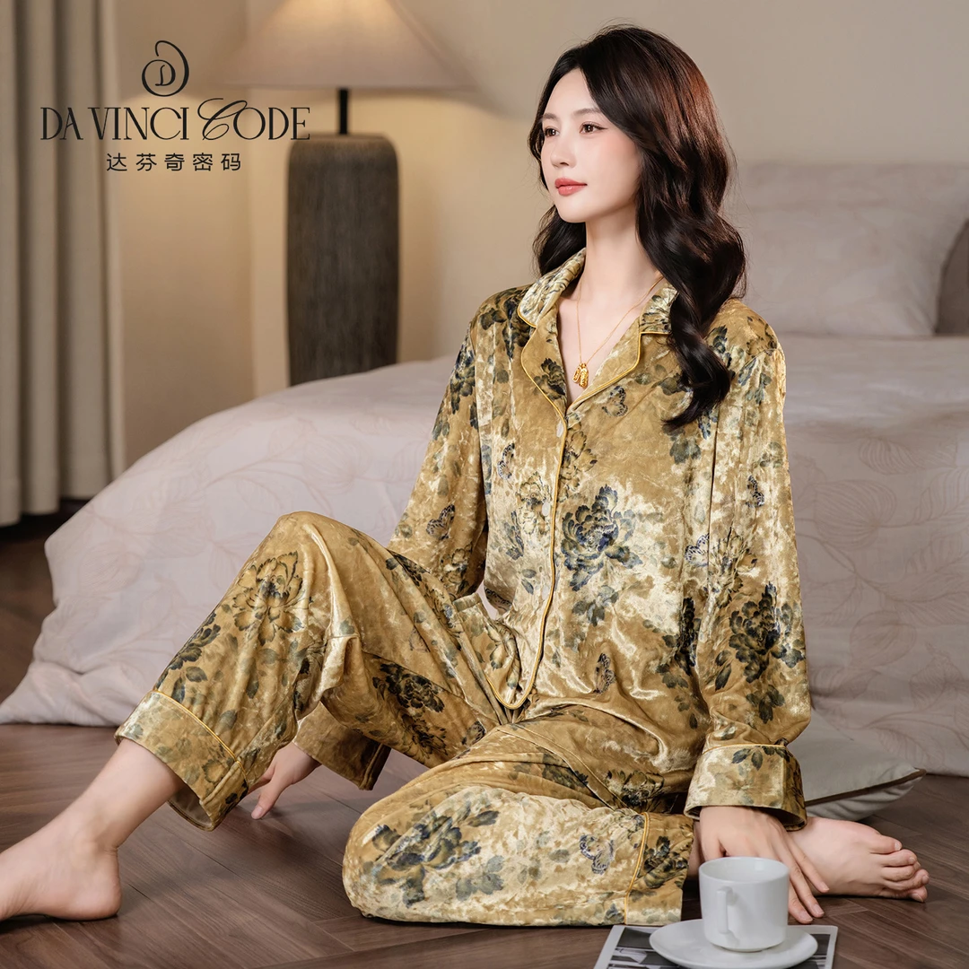 达芬奇密码睡衣女士新款牡丹盛放金砖绒套长袖秋冬家居服保暖套装