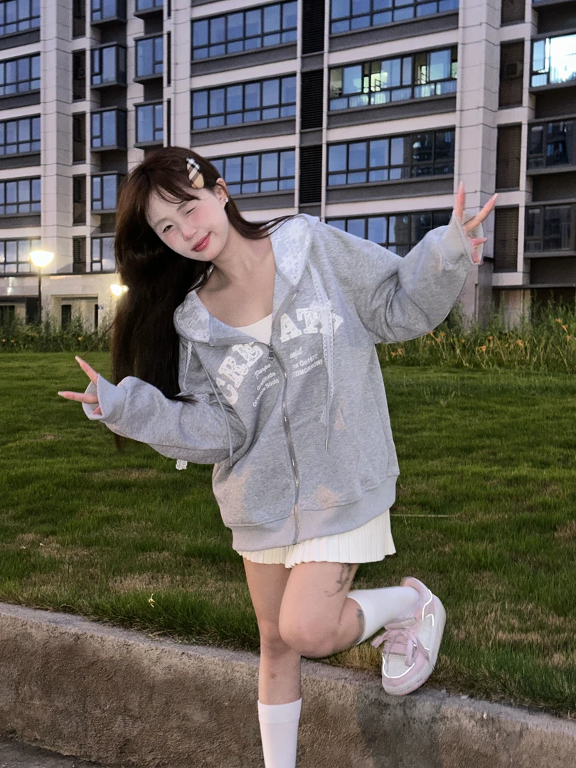 OUOUSWEETY【蕾丝卫衣】长袖小众宽松韩版设计感卫衣外套