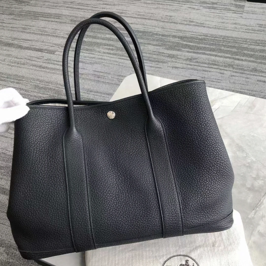 99新 Hermes/爱马仕 爱马仕 花园36黑银扣tc皮D手提包