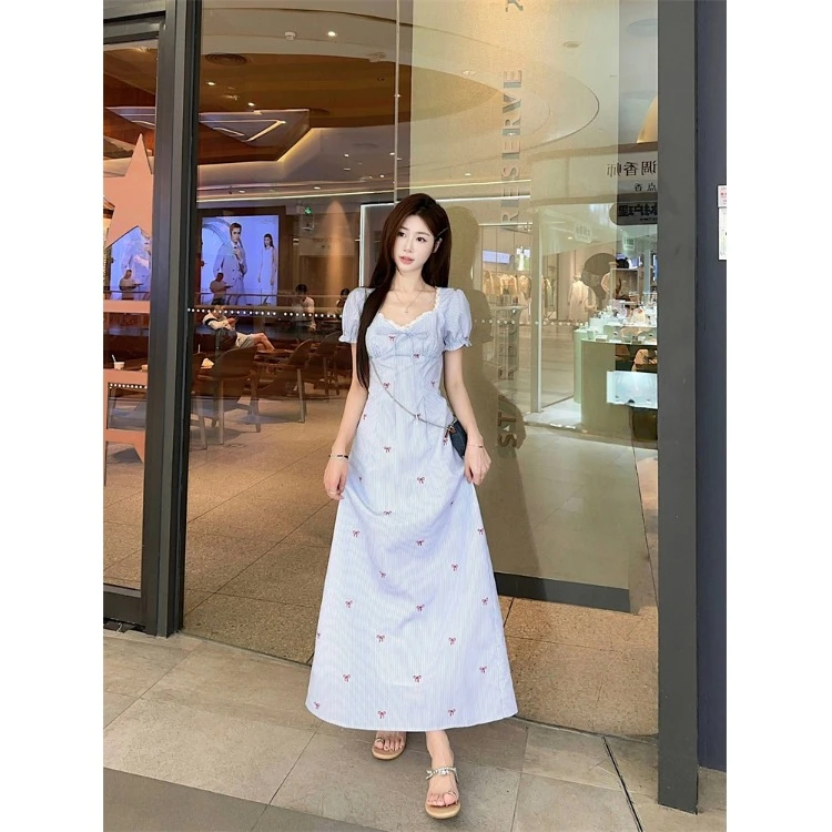 巧克少女甜美风蝴蝶结印花短袖连衣裙女夏季气质收腰显瘦A字长裙