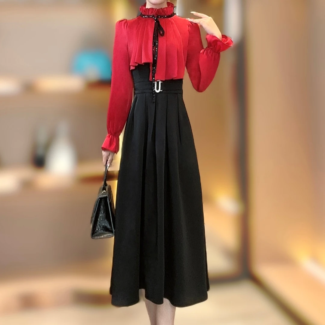 【香舍菲尔】[薇薇]新款高级感衬衫拼接假两件高腰法式连衣裙-82606