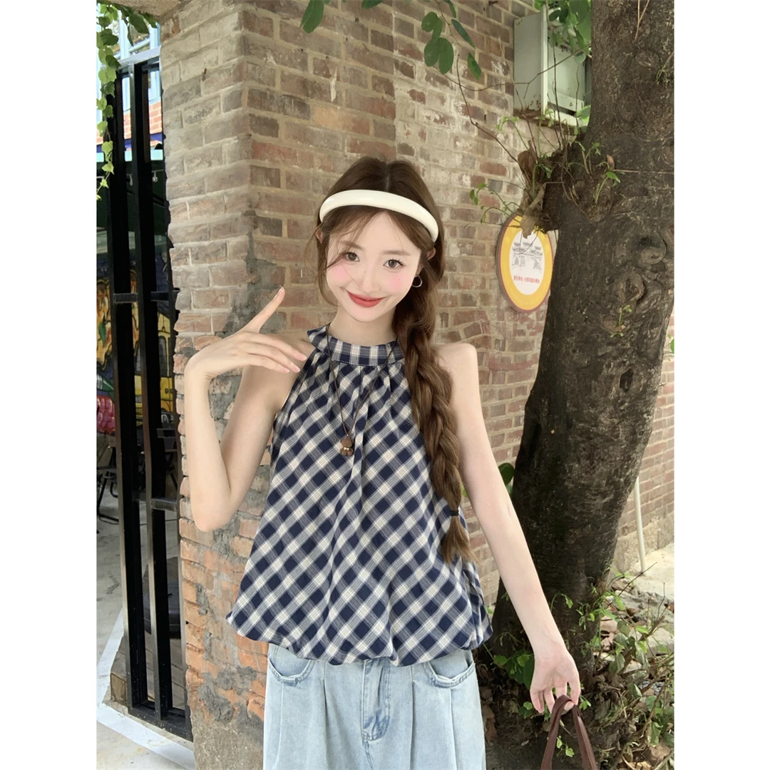 爱豆+《现货现发》复古格纹花苞背心2025夏季新款气质甜美显瘦挂脖