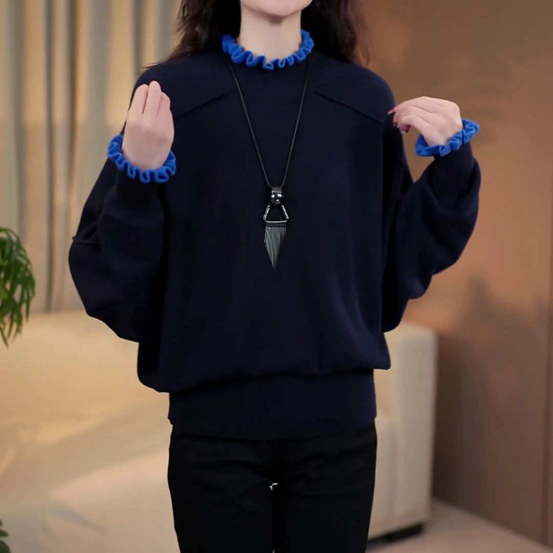 时尚轻奢韩版百搭打底上衣女2026秋冬新款洋气显瘦木耳花边针织衫