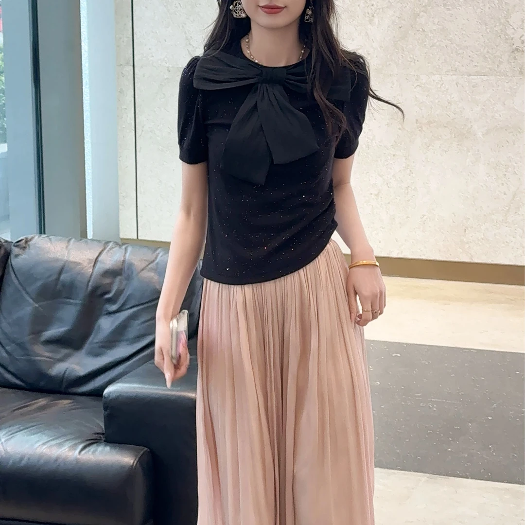 蝴蝶结拼接圆领短袖T恤2025春夏韩版宽松显瘦纯色休闪片上衣女