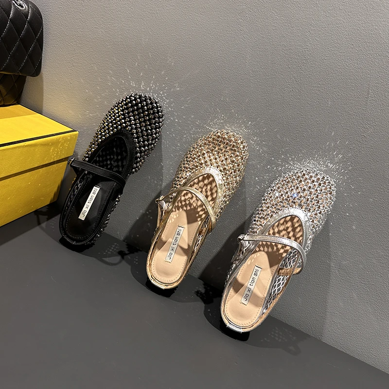 奢华重工~爆款水钻包头半拖鞋子女外穿夏季新款网纱玛丽珍凉拖鞋