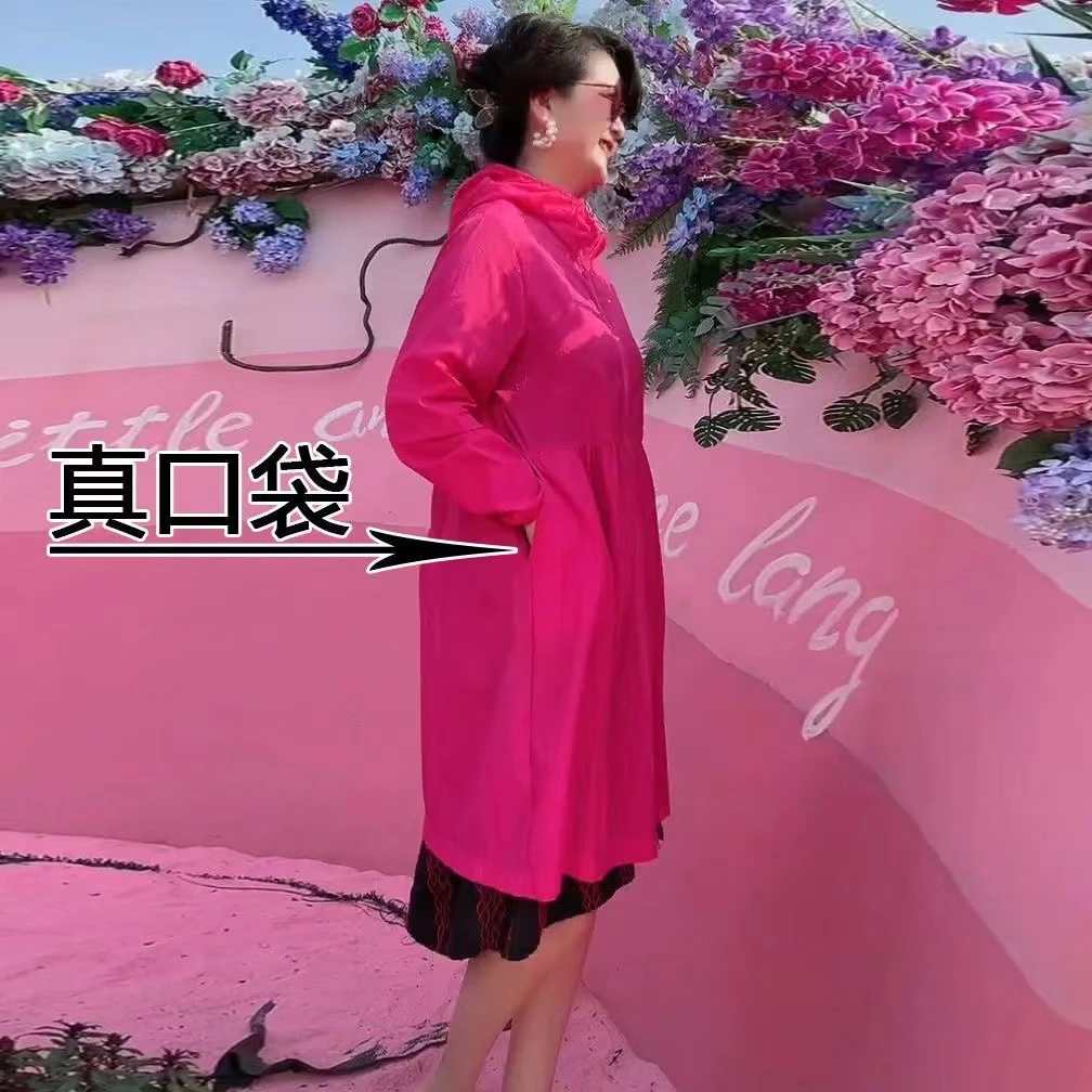 新款精品休闲中长款气质纯色连帽风衣外套
