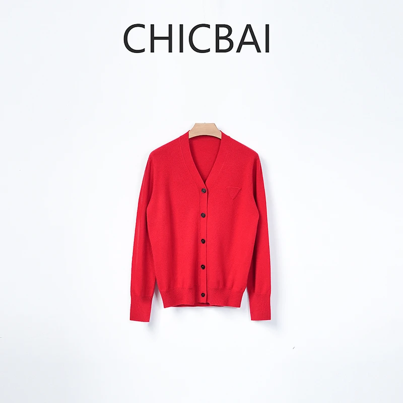 CHICBAI 极简风格手工三角标简约V领羊毛开衫