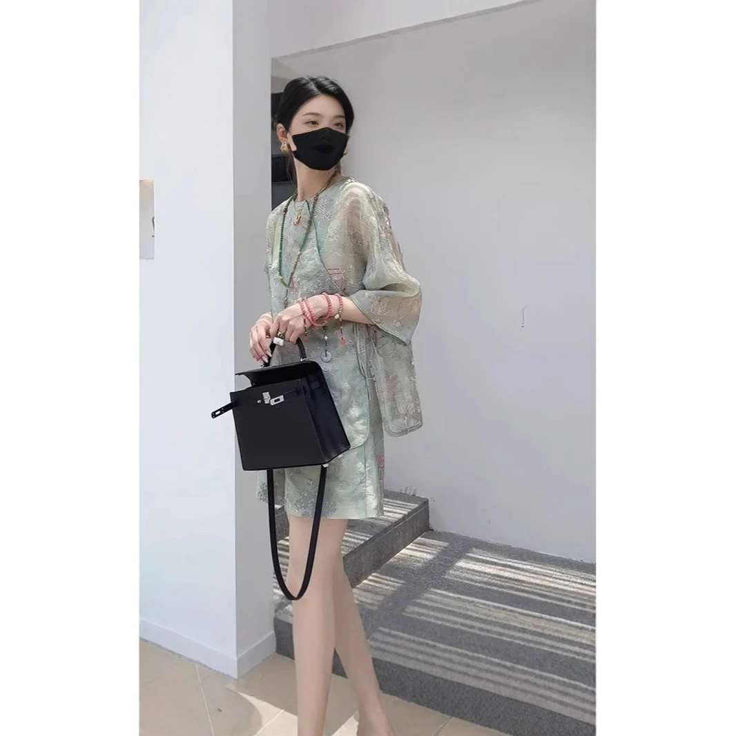 欧洲站2025新中式国风女装高端唐装绿色上衣气质奢华大牌两件套装