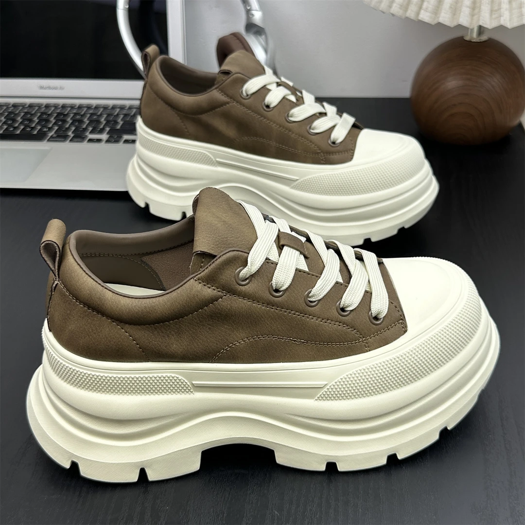 真皮小个子7cm厚底轻便松糕鞋女2025新百搭圆头系带休闲超火板鞋