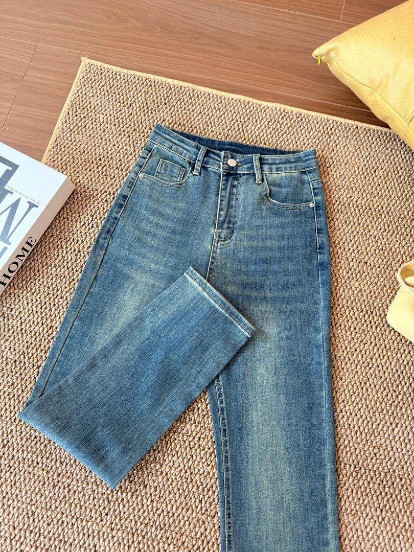 QiQi【蓝色系】四季款窄版直筒九分牛仔裤女弹力中高腰休闲-2305