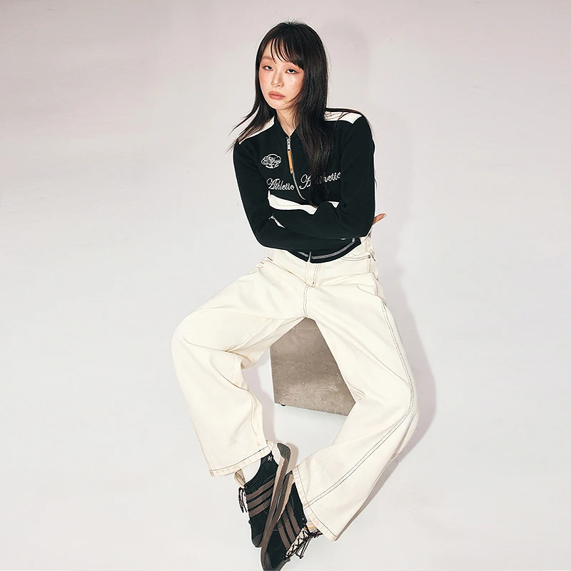 CHUU冬季女装刺绣拼接夹克服撞色穿搭辣妹显身材基础外套