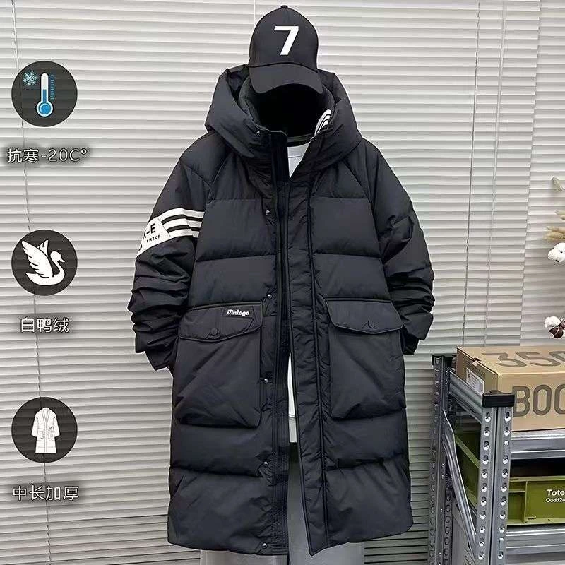高档次羽绒服男士中长款2025冬季新款青少年加厚条纹潮牌宽松外套