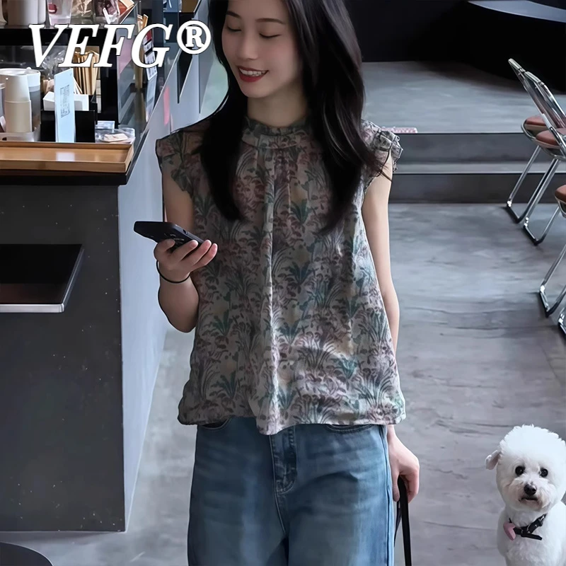 VEFG法式设计感碎花圆领无袖衬衫女2025夏季新款宽松显瘦百搭休闲
