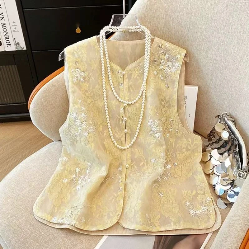 夏季新中式国风重工刺绣网纱薄款马甲女时尚气质百搭网红无袖坎肩