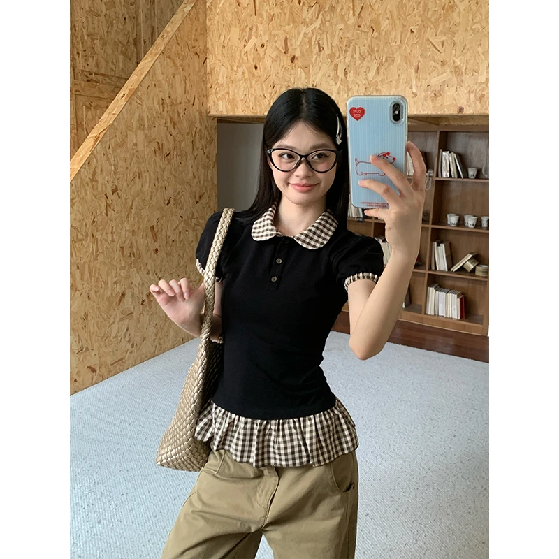 宋正恩格子polo领正肩短袖t恤女拼接花边下摆设计感上衣ZE7398