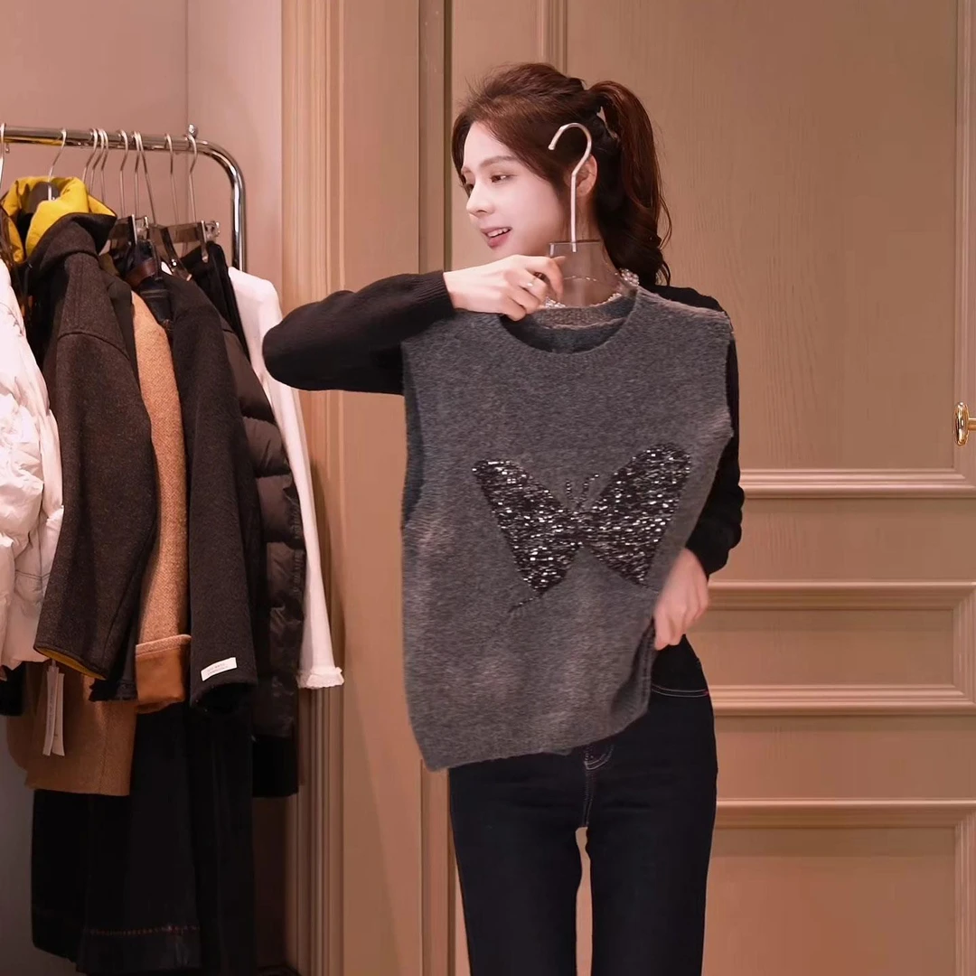 韩系气质灰色重工蝴蝶结针织背心秋冬季软糯叠穿无袖毛衣马甲上衣