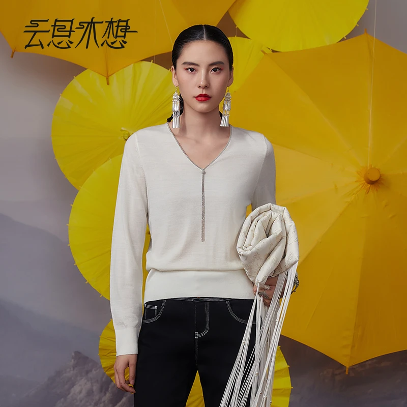 Ysimo-X云思木想2024秋季新款V领珠链百搭含绵羊毛毛针织衫12336
