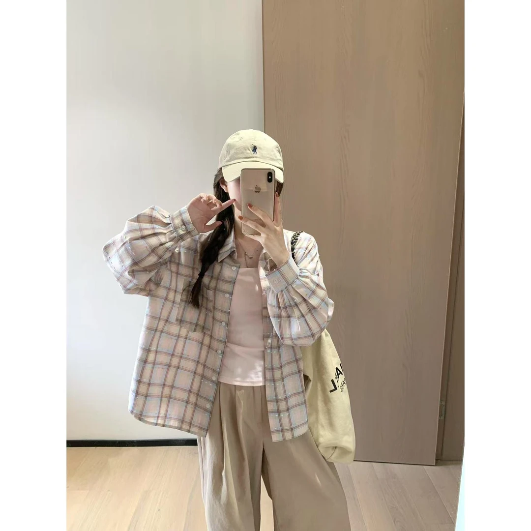韩11设计感粉色格纹防晒衬衫女通勤休闲百搭宽松遮肉翻领长袖衬衣