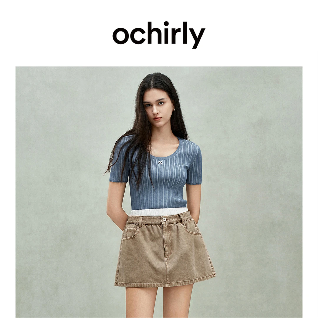 OCHIRLY欧时力 醋酸棉不规则坑条短袖针织衫上衣显瘦春季2025新品