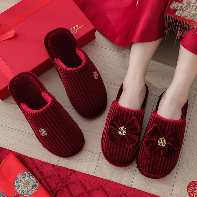 婚鞋红色棉拖鞋结婚包头秋冬婚庆新婚喜庆一对新郎新娘陪嫁轻奢