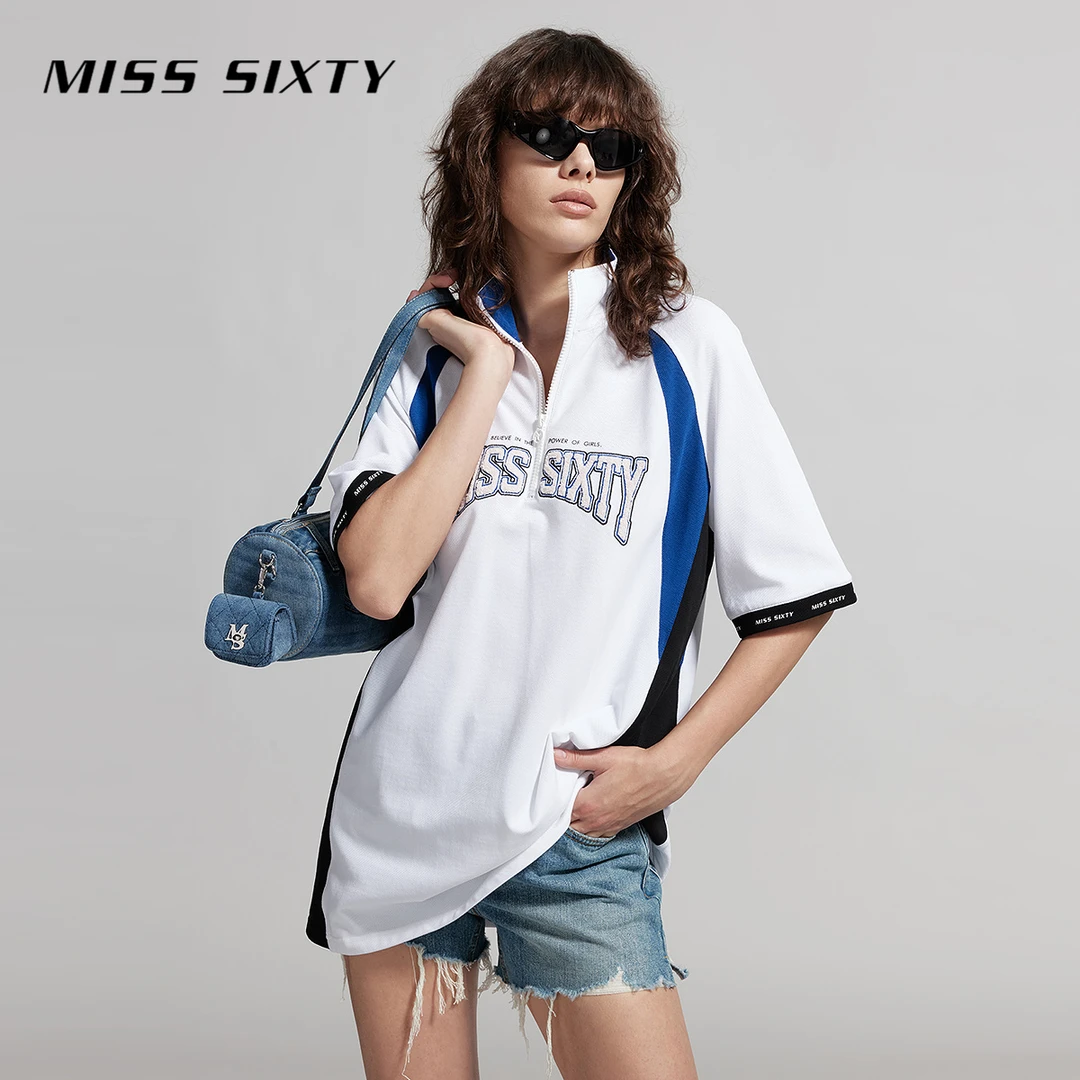 Miss Sixty夏季新款短袖T恤女美式复古运动撞色字母刺绣插肩