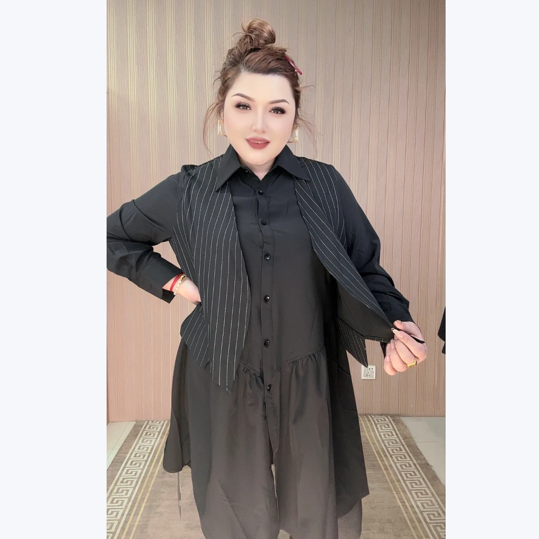 5338常规拼接假两件大码衬衫裙中长款不起球常规款宽松型