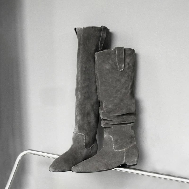 绒面版~复古平底长靴女设计版宽筒褶皱堆堆靴显瘦百搭骑士靴子