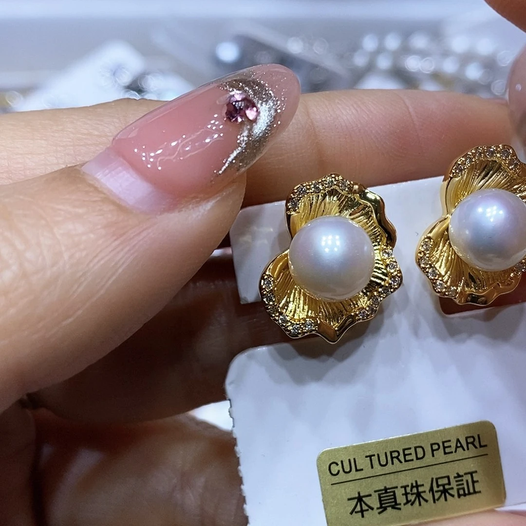 淡水珍珠耳钉银S925镶嵌