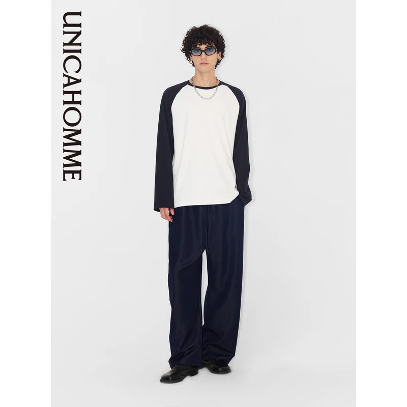UNICAHOMME撞色插肩袖精梳棉长袖T恤
