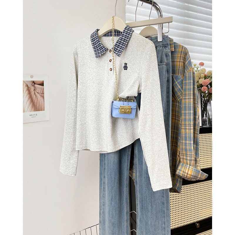 韩系格子Polo领正肩长袖T恤衫设计感时尚小众百搭宽松通勤女装秋