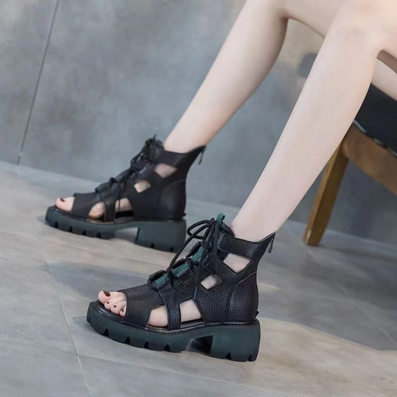 罗马凉鞋2025夏季新款复古镂空女士时尚松糕底鱼嘴透气软底凉靴女