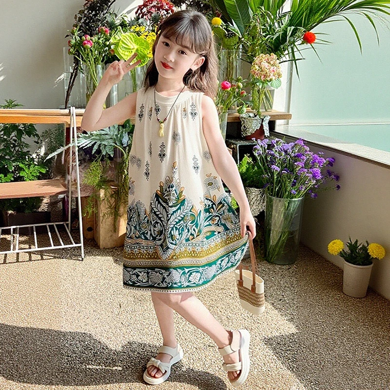 女童夏季无袖连衣裙2025新款民族风洋气时尚中大童休闲洋气公主裙