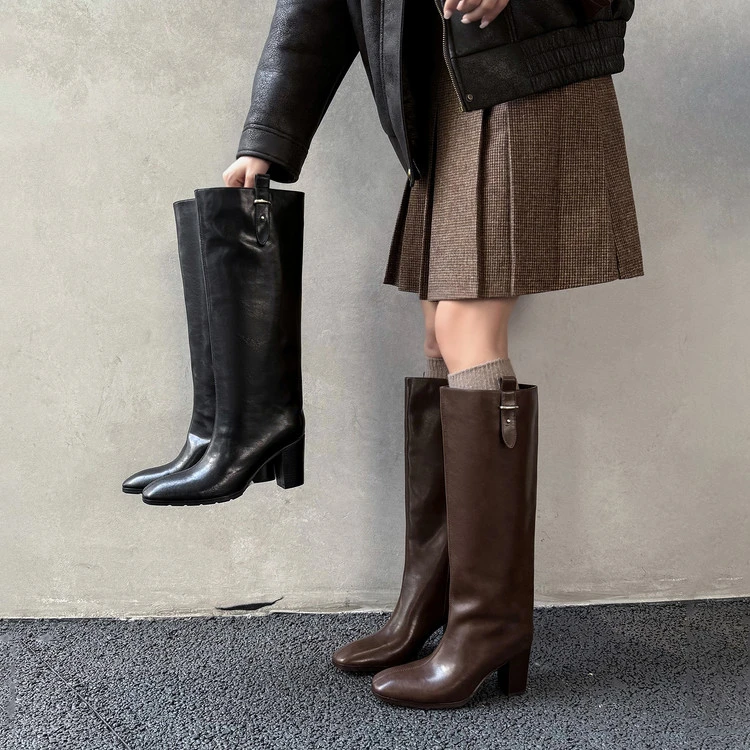 7.5cm 法式气质百搭粗跟高筒靴秋冬韩版网红简约时尚小个子骑士靴