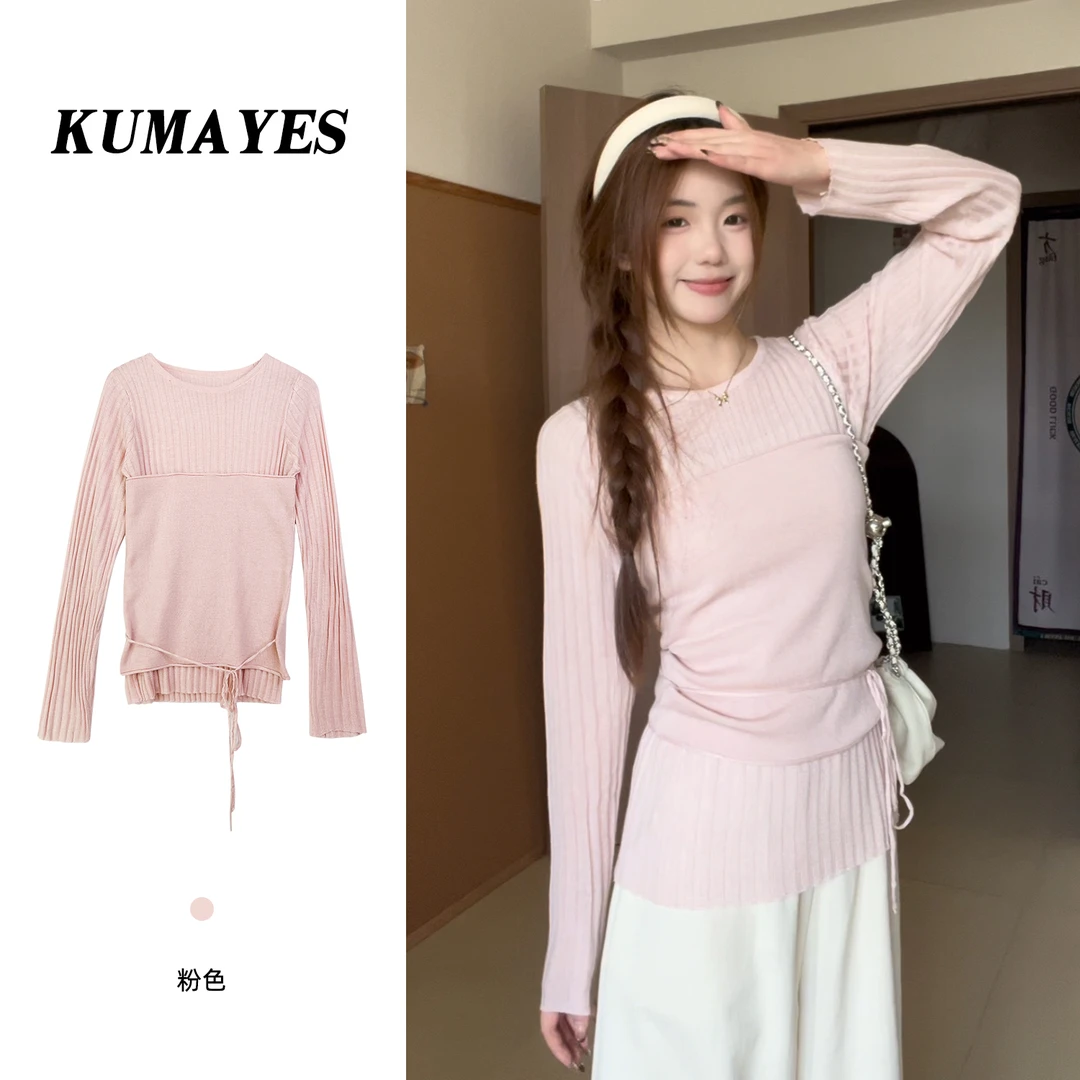 KUMAYES温柔圆领坑条修身长袖针织衫女系带叠穿抹胸背心两件套春