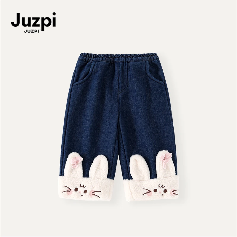 橘止皮·女童加绒牛仔裤冬季卡通直筒裤儿童百搭休闲裤DK252264