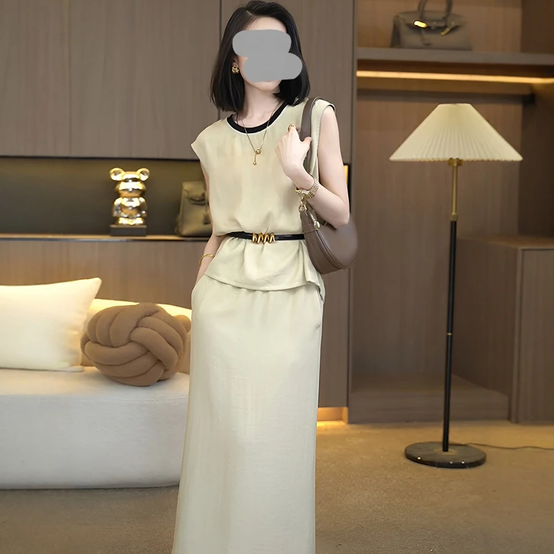 韩系慵懒大码无袖上衣套装女士2025夏季新款高腰显瘦半身裙两件套