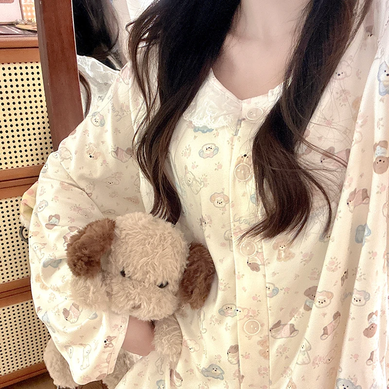 韩版花边碎花狗狗睡衣女德绒秋冬季长袖长裤甜妹保暖家居服两件套