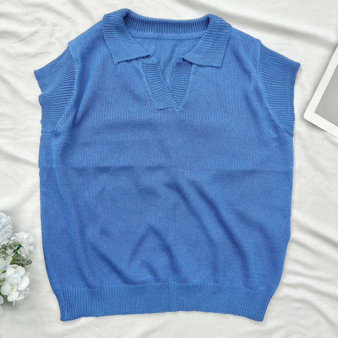 【叶子服饰】夏季新款简约薄款翻领无袖针织无袖背心25207