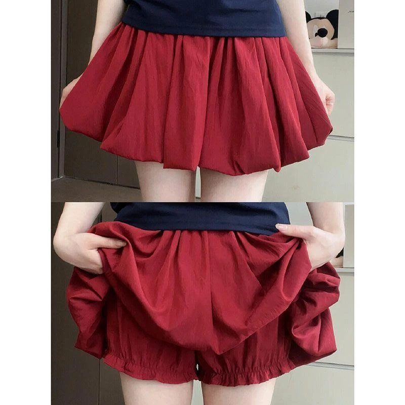 红色花苞短裙女夏季新款高腰显瘦防走光甜辣蓬蓬字云朵半身裙裤