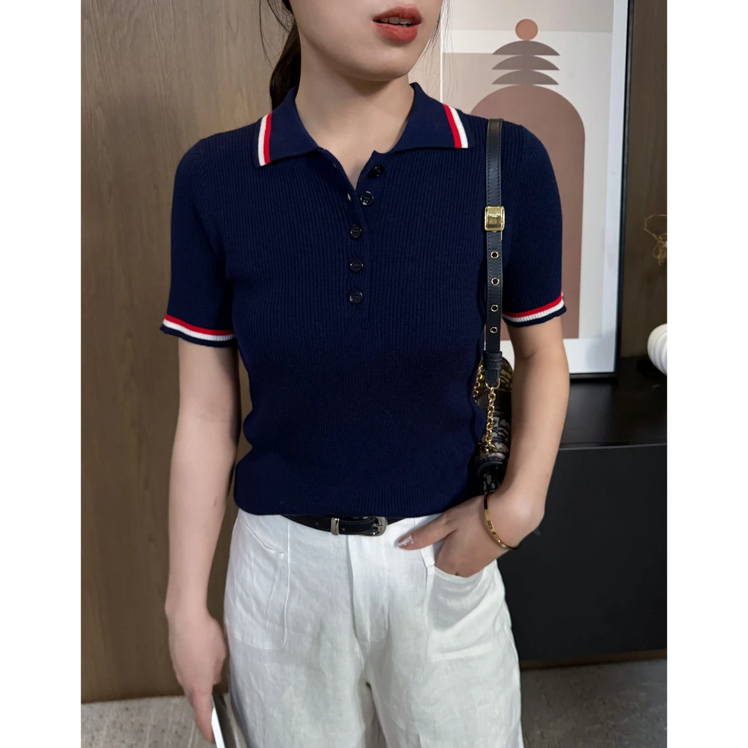 Yihouse简约撞色POLO领老钱感针织短袖上衣YF80038