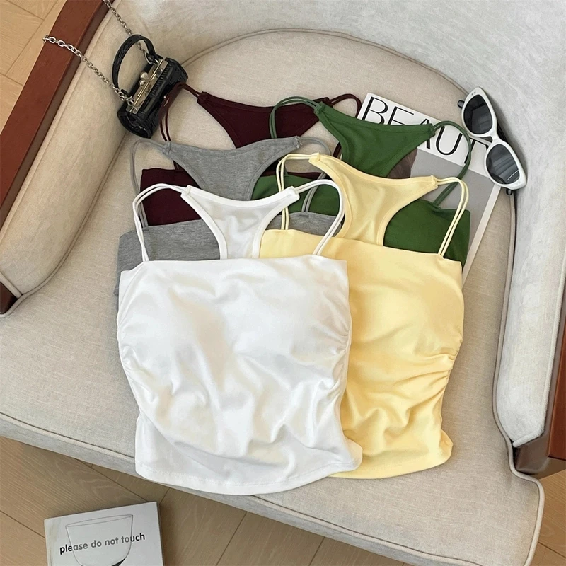 纯欲风辣妹抹胸背心女夏季款显白绿色小吊带外穿胸垫一体无袖上衣