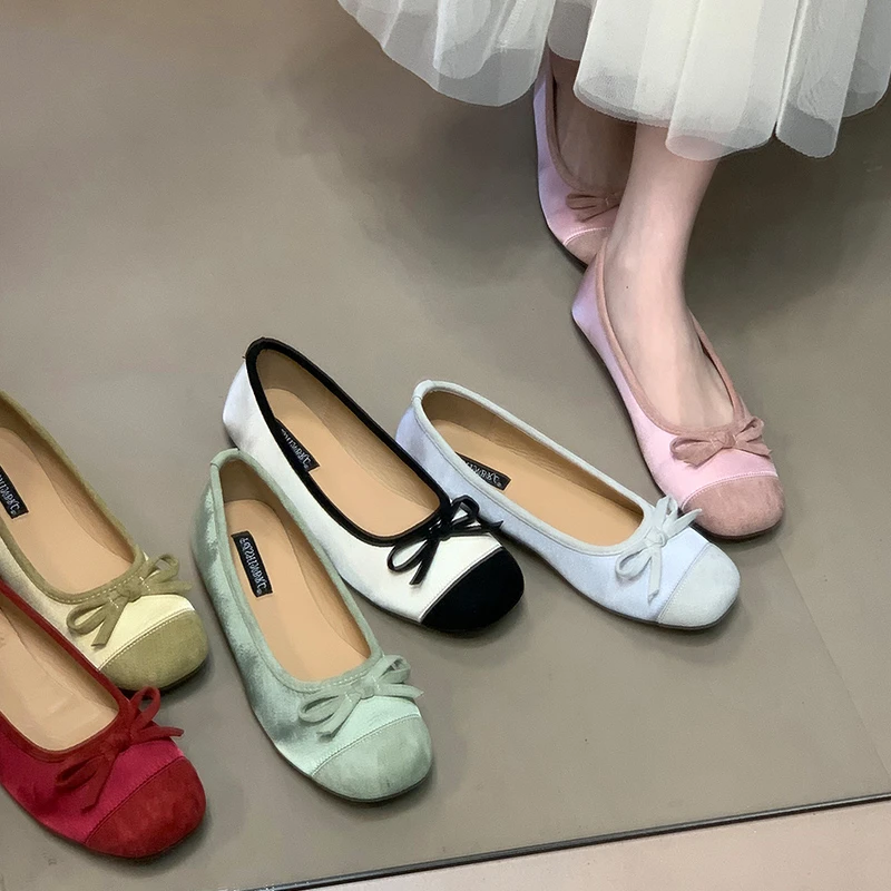 芭蕾舒适少女感粉色平底单鞋蝴蝶结早春新款一脚蹬软底女鞋