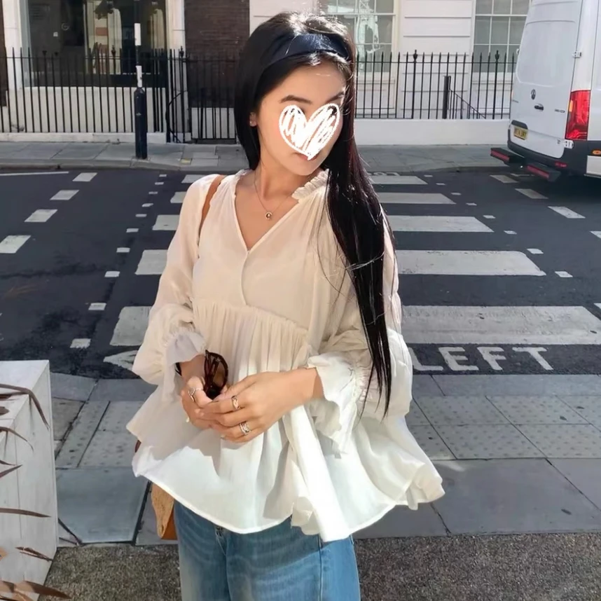 早秋新款V领重工多褶2025新款法式遮肉显瘦宽松衬衫上衣