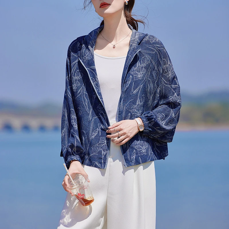 防晒衣真丝外套女长袖2025春夏季印花连帽宽松短款桑蚕丝上衣夹克