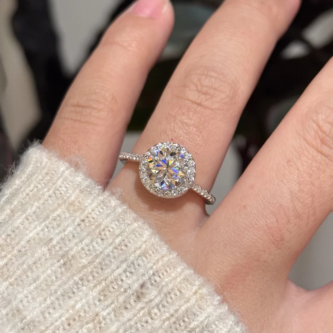 925银莫桑石戒指 【经典圆包】女士时尚饰品银戒指轻奢精致镶嵌满钻