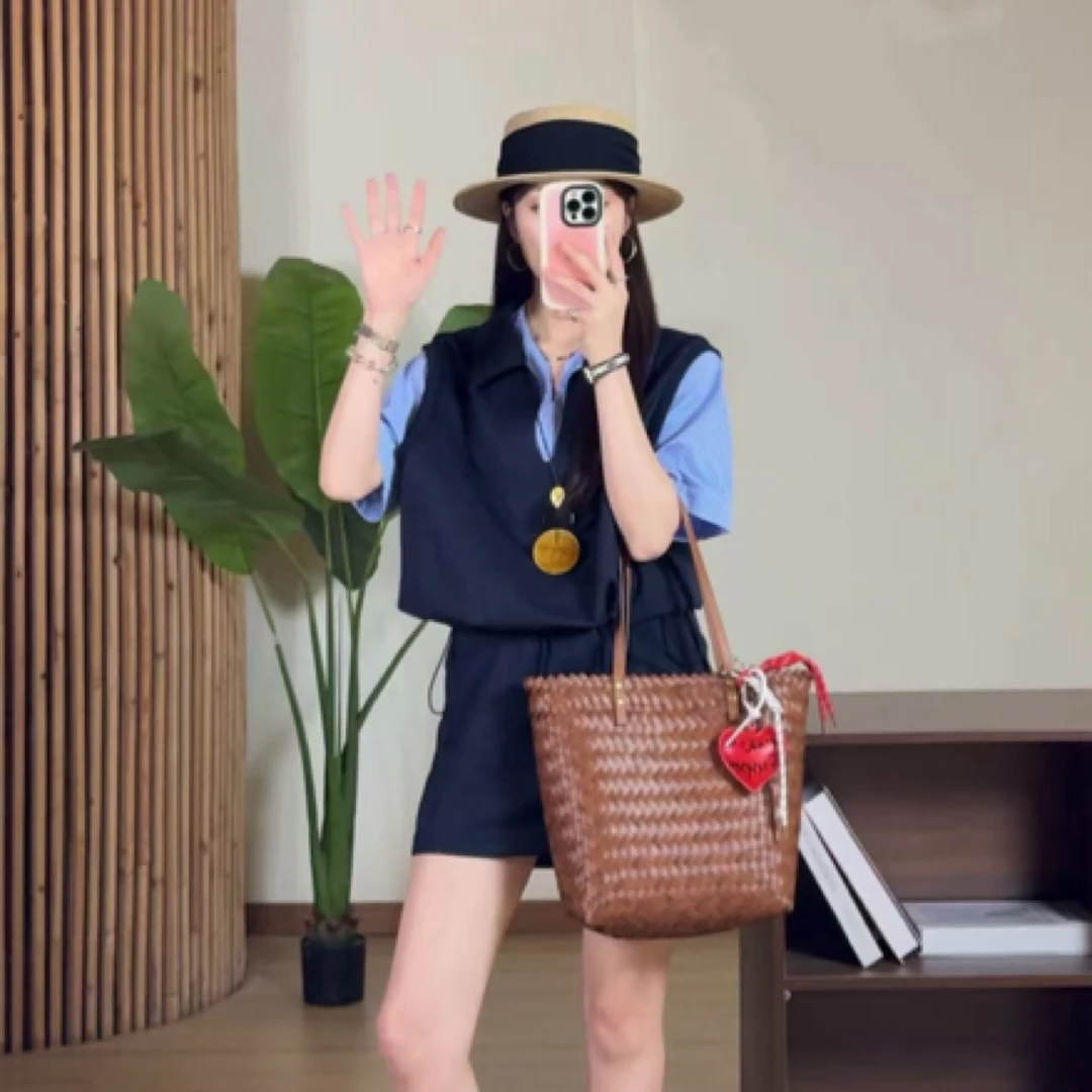 运费补贴小个子秋季韩系通勤假两件拼接衬衫高腰显瘦半身裙套装女