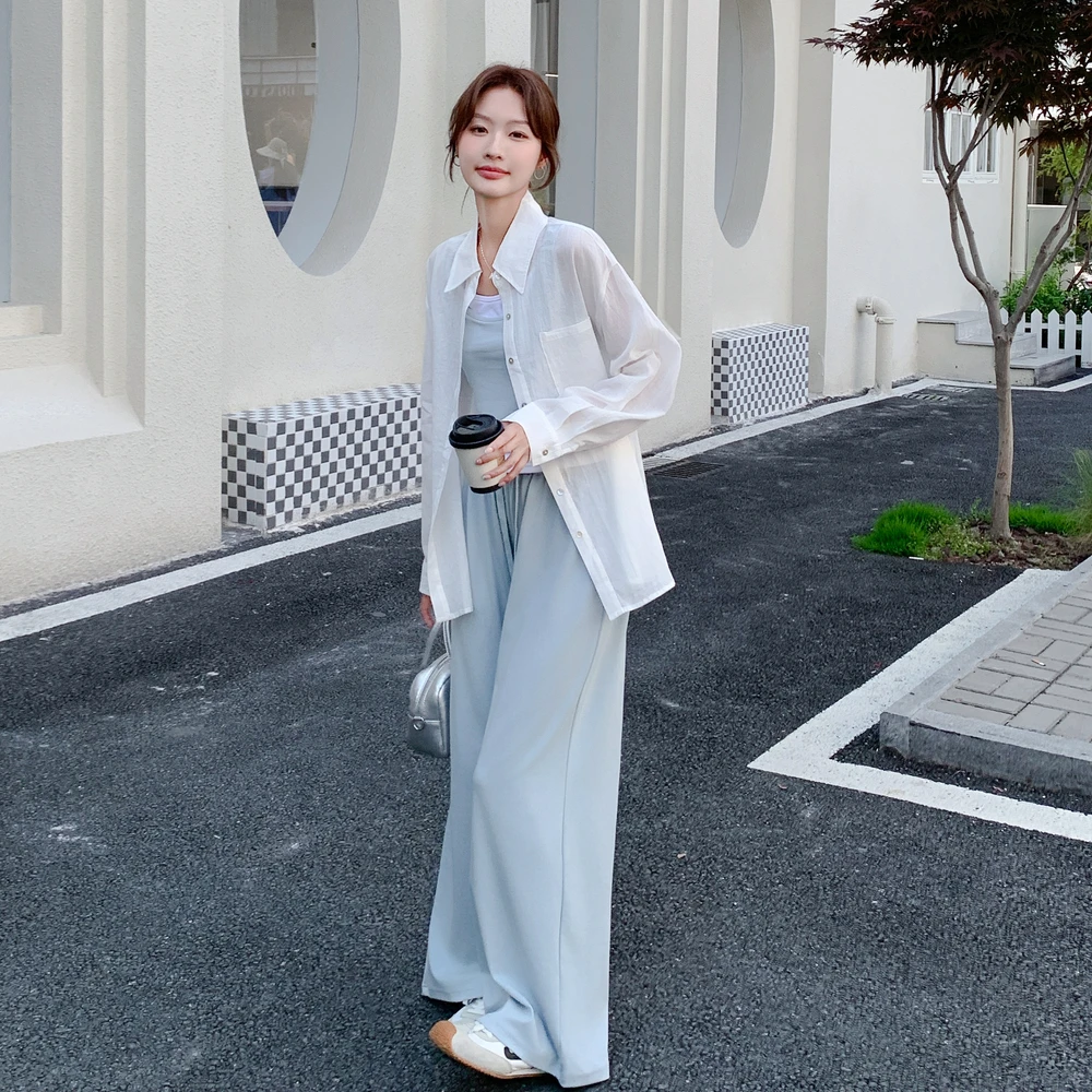韩系上衣吊带阔腿裤套装女2025夏季新款通勤风轻薄透气防晒三件套