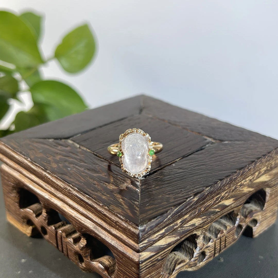 JYW27-153  天然翡翠缅甸A货 18K含钻镶嵌貔貅戒指14#