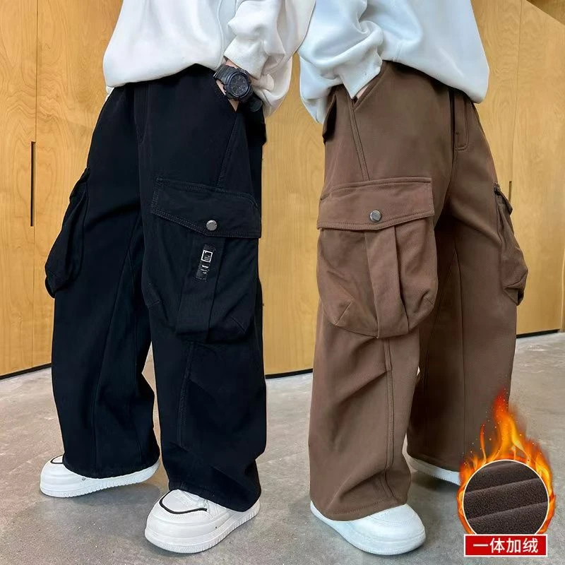 F01452男童冬季加绒加厚工装裤子2025秋冬休闲中大儿童风直筒长裤