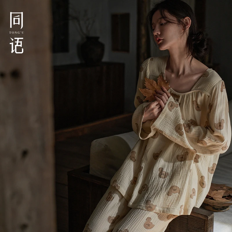 同语25年睡衣女春秋梭织纯棉睡衣布料100全棉长袖套装秋冬家居服